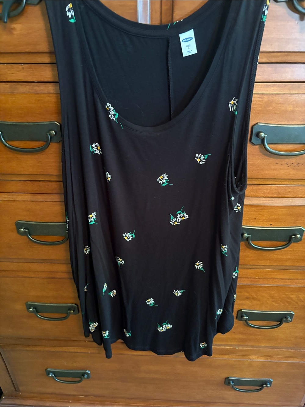 Old Navy Black Tank Top with White and Yellow Floral Accents